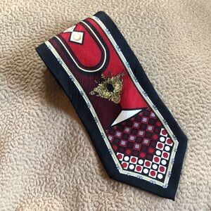 Henri Picard tie 100% silk Made in Korea 56” deco / MCM black & red geometric